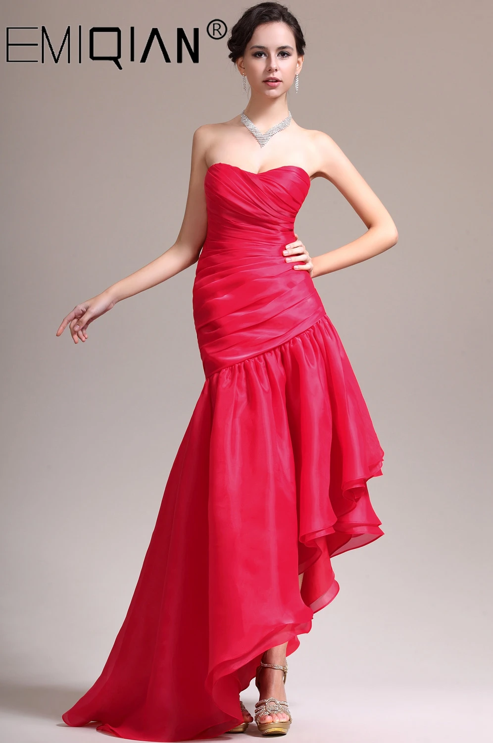 

One Shoulder Asymmetrical Skirt Evening Gowns,Simple Hi-lo Red Organza Evening Dress,vestido de noiva