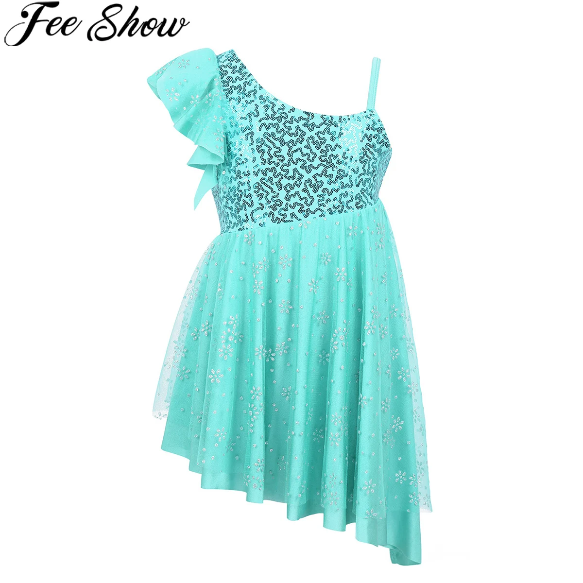FEESHWO Kids Girls Dress One-Shoulder Ruffles Glittery Sequins Flower Mesh Irregular Hem Ballet Dance Gymnastics Leotard | Детская
