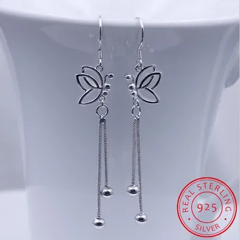 

925 Sterling Silver Butterfly Long Tassel Beads Drop Earrings For Women Boucle d'oreille oorbellen S-E65