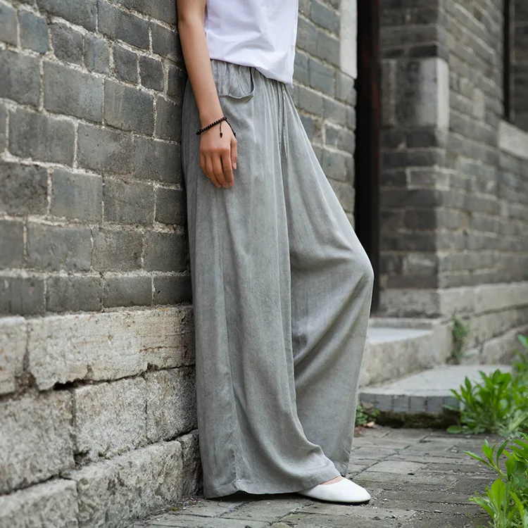 Johnature 2020 Autumn New Full Length Retro Elastic Waist Tie Dye Wide Leg Pants Loose Comfortable All-match Women Lace Up Pants