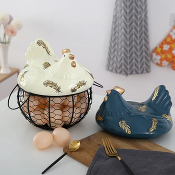 

American Ceramic Egg Holder Chicken Wire Egg Basket Fruit Basket Collection Ceramic Hen Oraments Decoration Kitchen Storage