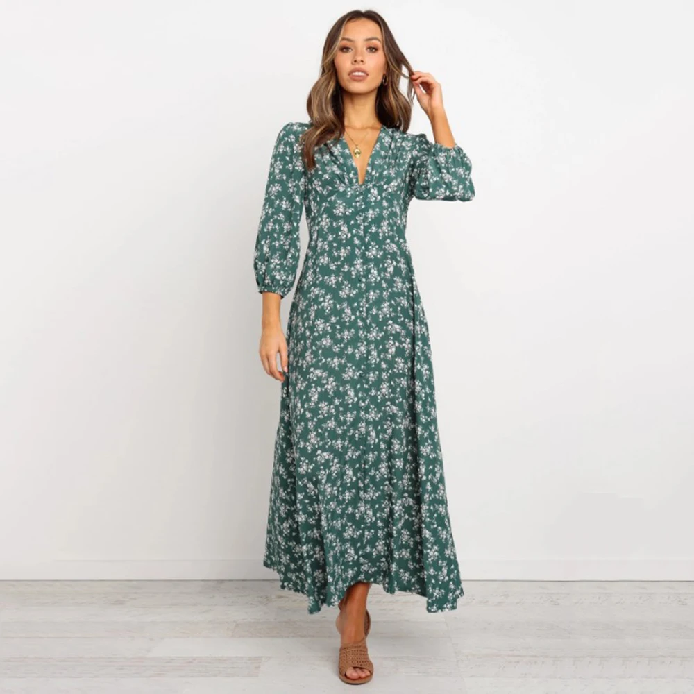

Slim Boho Dress Woman Autumn 3/4 Sleeve Floral Dresses for Women V neck Casual Maxi Dress Fall Clothing Female robe femme D30