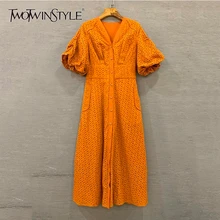 TWOTWINSTYLE летнее винтажное однотонное женское платье с v-образным вырезом и пышными рукавами, с высокой талией, на пуговицах, с вырезами, миди платья, женская мода