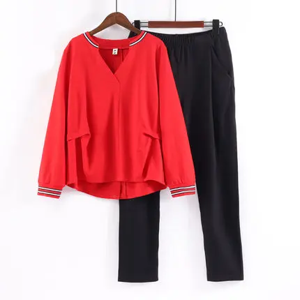 L-4XL женский спортивный костюм, Большой плюс размер, спортивный костюм, футболка+ штаны, комплект из двух предметов, топ и штаны, комплект, красный, черный, спортивная одежда - Цвет: Red