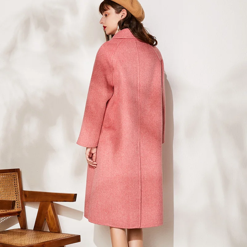 SuyaDream Женское шерстяное пальто ручной работы отложной воротник два кармана свободные розовые пальто двубортное офисное женское длинное шерстяное пальто