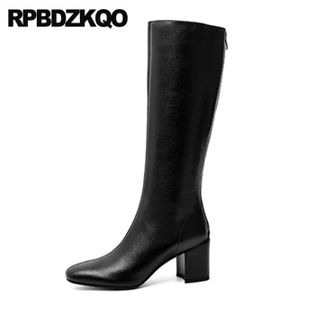 

shoes real leather high heel knee fashion long short brand women winter boots genuine black autumn chunky round toe 2019 block