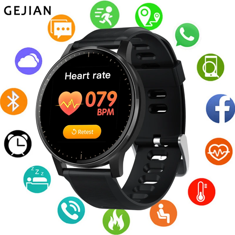 

GEJIAN Full Touch Smart Watch Waterproof Heart Rate Blood Monitor Fitness Sport Watches Bluetooth music camera IOS Android