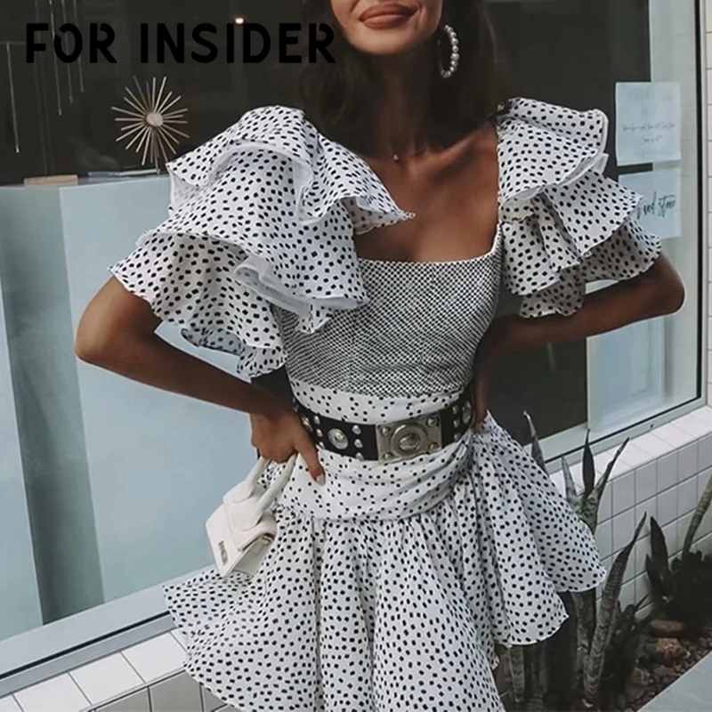 

For Insider Dot print white mesh boho dress summer Pleated ruffles chiffon short party dress beach Off shoulder sexy mini dress