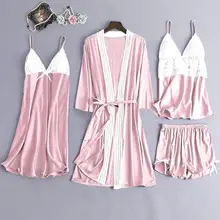 4 шт. женский атласный кружевной пижамный комплект с бантом камзол шорты Домашняя одежда ночная рубашка халат белье Ночное белье костюм домашняя одежда зеленый