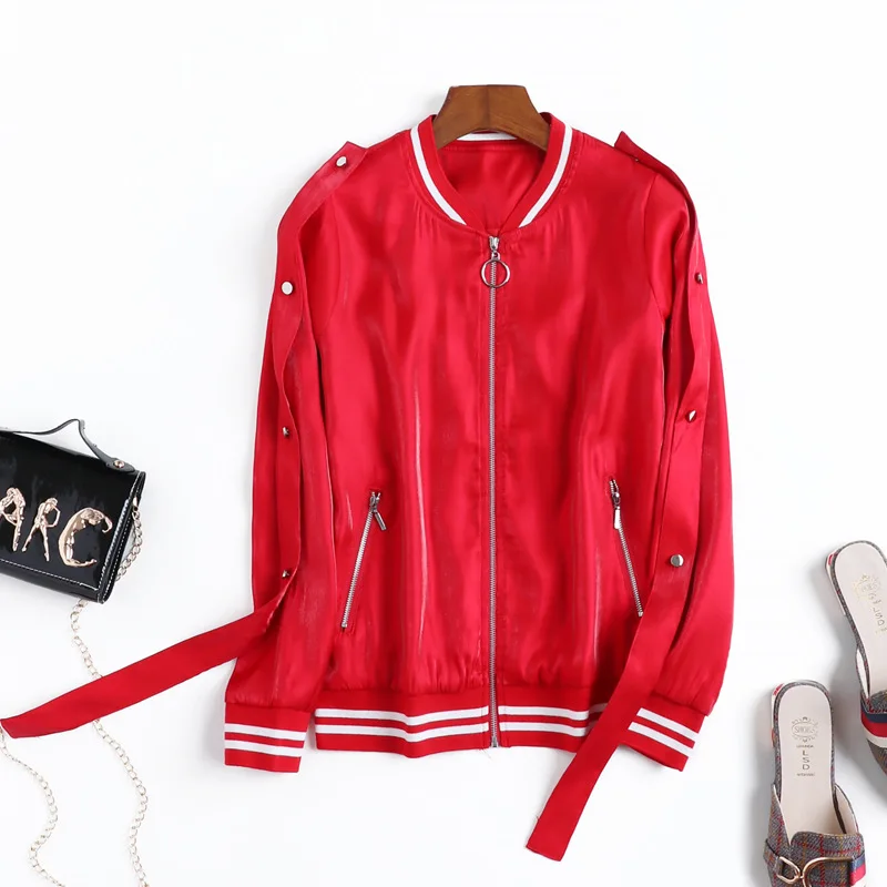 

2018 Autumn New Style Solid Color Reflective Lace-up Joint Baseball Uniform Women's Fashion Casual WOMEN'S Coat Tops