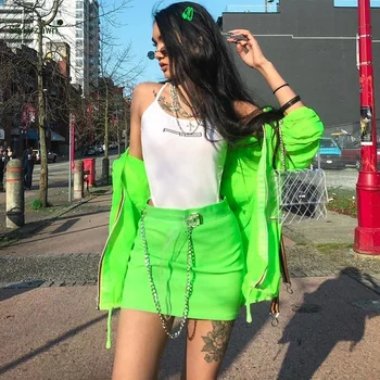 

Wholesale 2020 Women Sexy High Waist Neon Green Mini Knitted Skirt Summer Streetwear with Chian Belt Bodycon Short Pencil Skirts