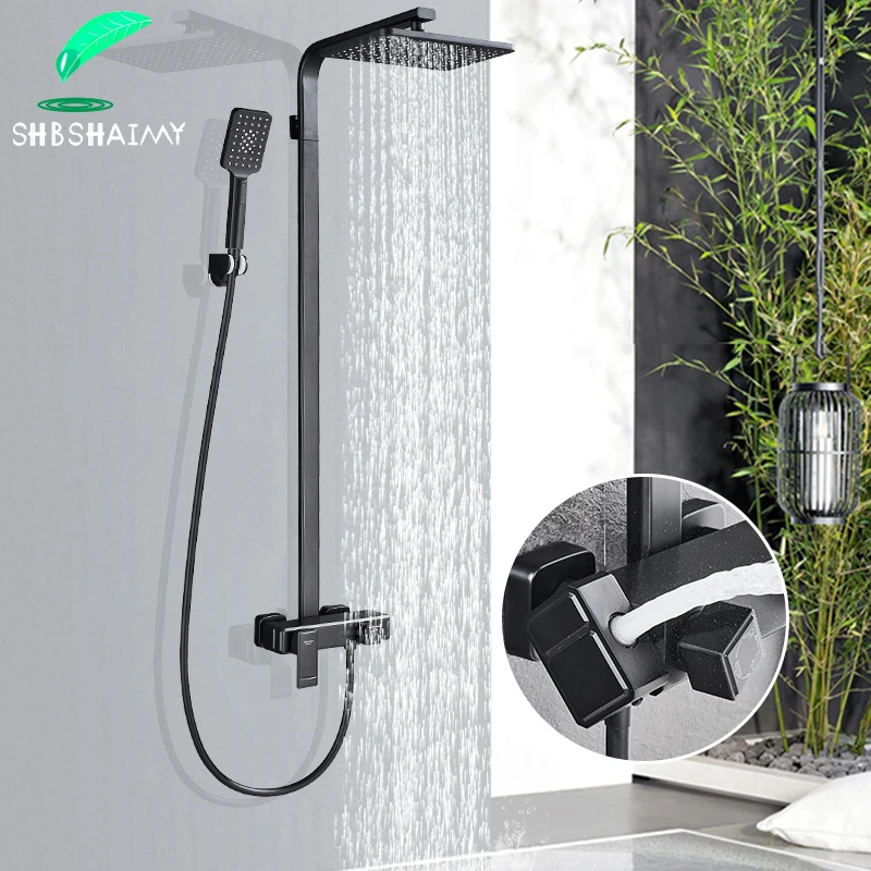 

Black Bathroom Shower Faucet Set Chrome ABS Rainfall Shower Head 3-Ways Hand Shower New Style Swivel Bathtub Spout Mixer Tap
