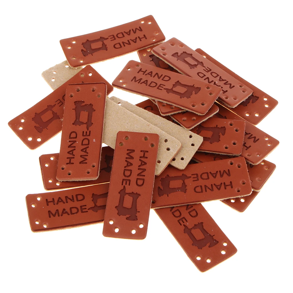 20Pcs PU Leather Label Handmade Label with Holes Embellishment Knit DIY Ornaments for Clothing Jeans Bags Shoes Crafts