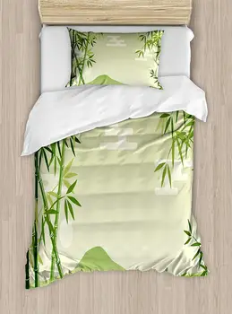 

Green Leaf Duvet Cover Set Abstract Bamboo Trees in Japanese Forest Botanical Oriental Outdoors Decorative 2 Piece Bedding Set