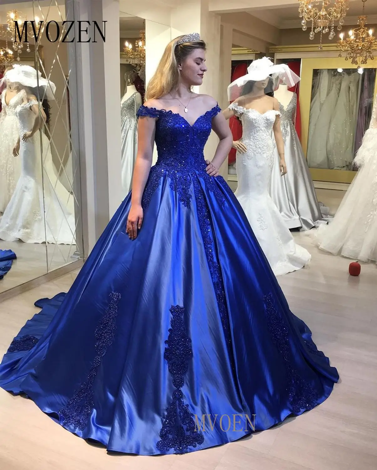 Vestidos голубое вечернее платье с кружевной аппликацией Длинные вечерние платья с открытыми плечами вечерние платья robe de soirees - Цвет: same as image