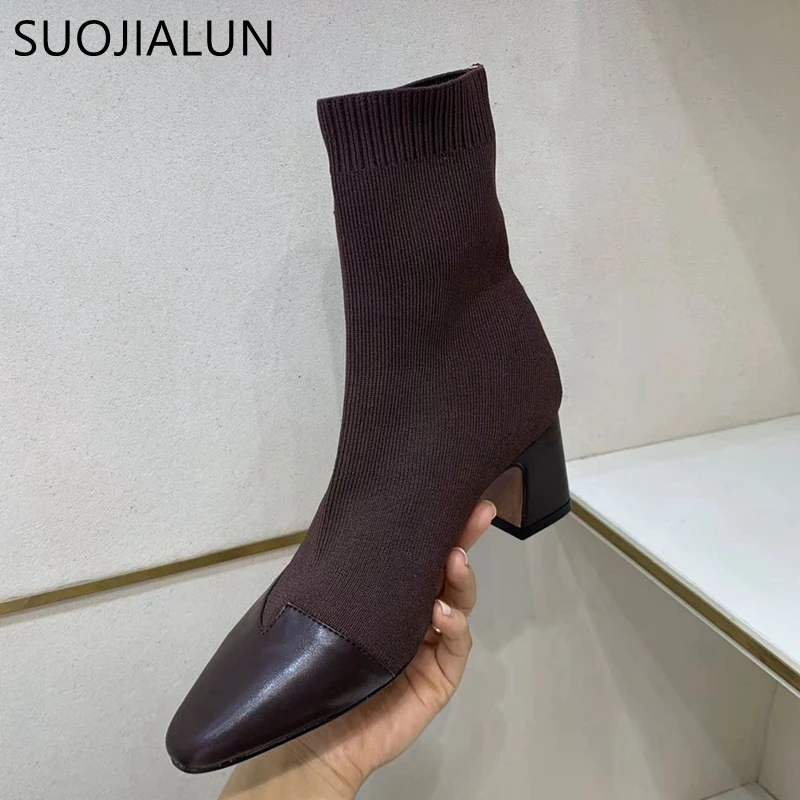 SUOJIALUN/высококачественные ботильоны; растягивающийся носок; короткие ботинки с круглым носком без шнуровки; зимние женские элегантные повседневные Ботинки martin на среднем каблуке