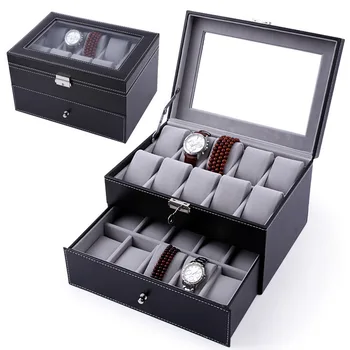 

20 slots luxury fashion men home black pu leather watch box top quality double layer watch storage box for men Watches 200803-28