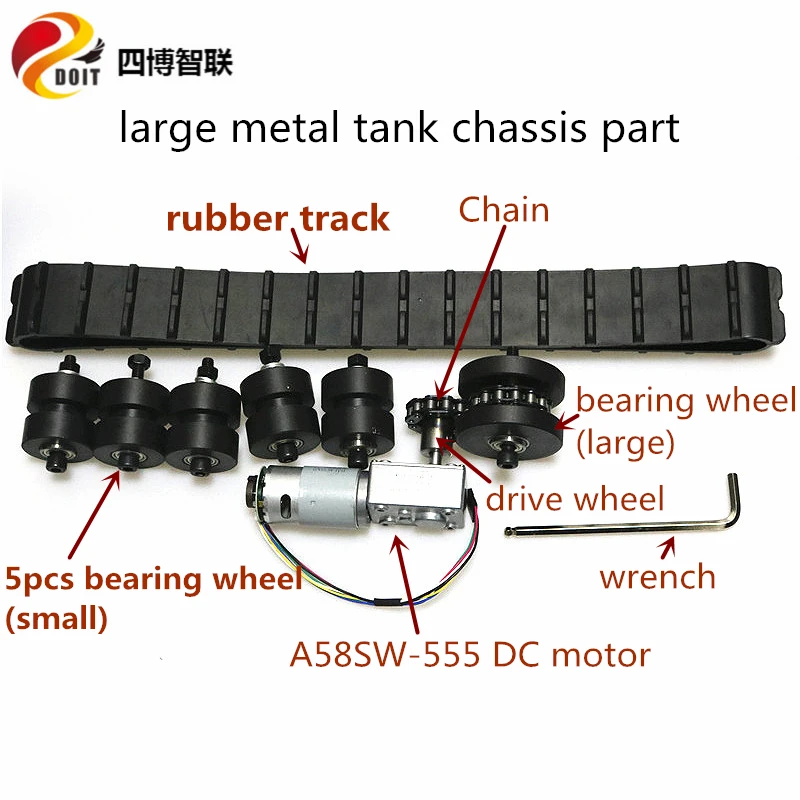 

97cm Rubber Track+ A58SW-555 High Torque DC Motor+ Steel Drive Wheel+ Metal Brearing Wheel+ Chain Kit For Large Tank Chassis DIY