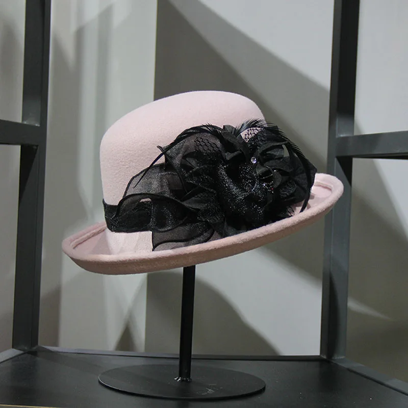 Цветок из пряжи с пером Fedoras элегантная женская фетровая шляпа модная шапка - Цвет: Розовый