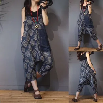 

New Jacquard Printed Denim Jumpsuit Women Summer Personality Patchwork Jumpsuit 2020 Casual Retro Rompers Womens