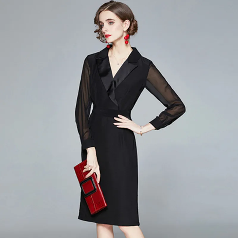 

Spring Women Elegant Blazer Collar Dress High Quality Office Party Robe Femme Vintage Designer Black Pencil Vestidos