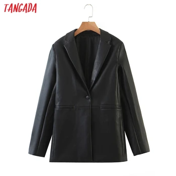 

Tangada Women Black Faux Leather Blazer Coat Vintage Notched Collar Long Sleeve 2020 Fashion Female Chic Tops 8H35