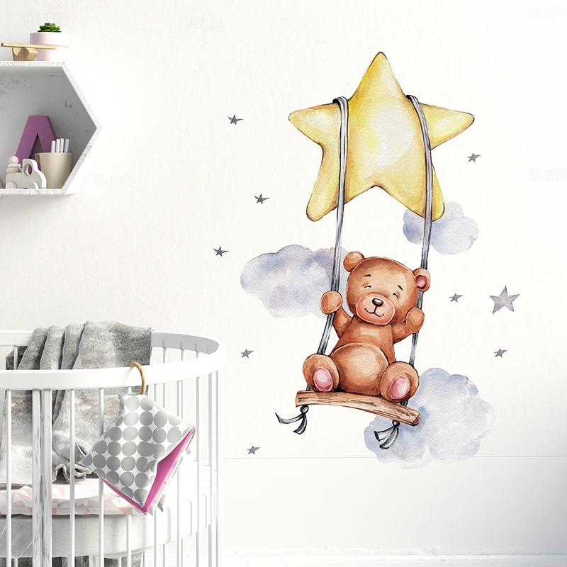 Swing Teddy Boy Bear on the Star Cloud Wall Stickers for Kids Room Baby Decoration Decals PVC DIY Sticker | Дом и сад