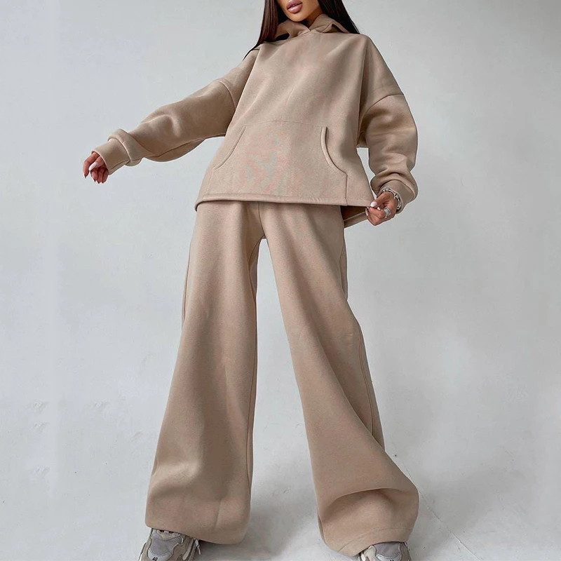 New Autumn Winter Hooded Pocket Sweater Suit Fashion Wide-Leg Pants Two-Piece Women's Clothes Pullovers Long Trousers Sports Set plus size pants suits evening wear Suits & Blazers