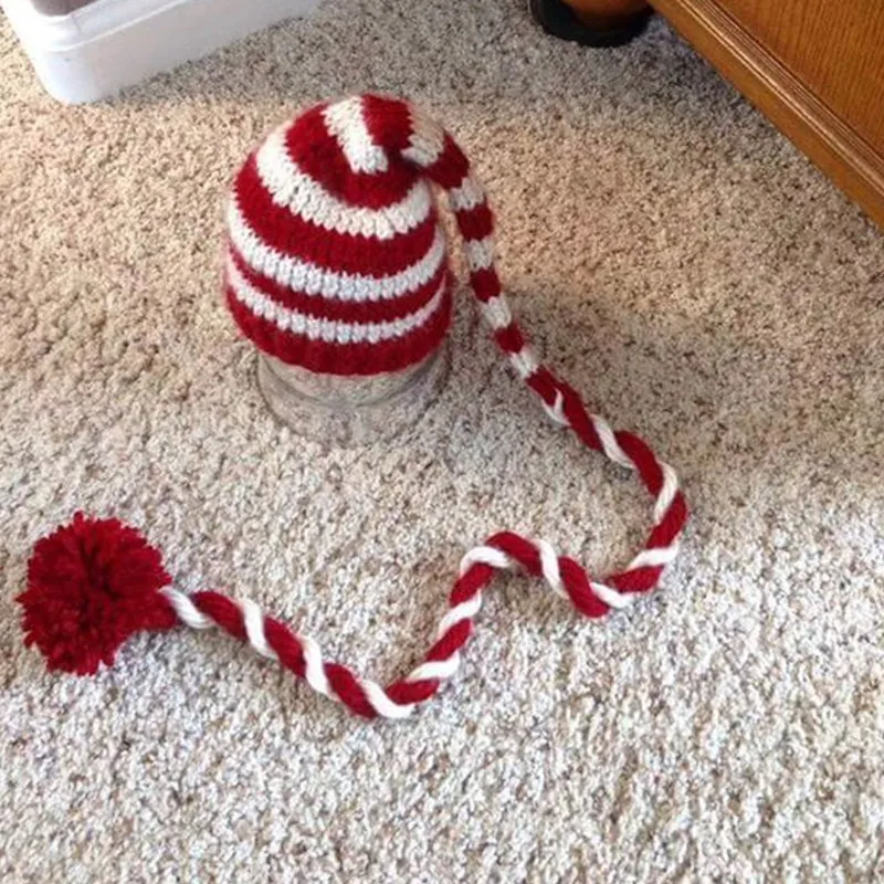 Длинные хвосты рождественские детские красные полосы новорожденных реквизит для реквизит фотографии ребенок белая шляпа шапки крючком