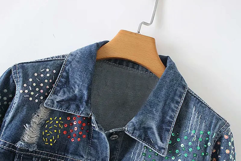 Весна стиль отложной воротник ручной работы бисерный браслет с дырками джинсовое пальто Женская B-8673