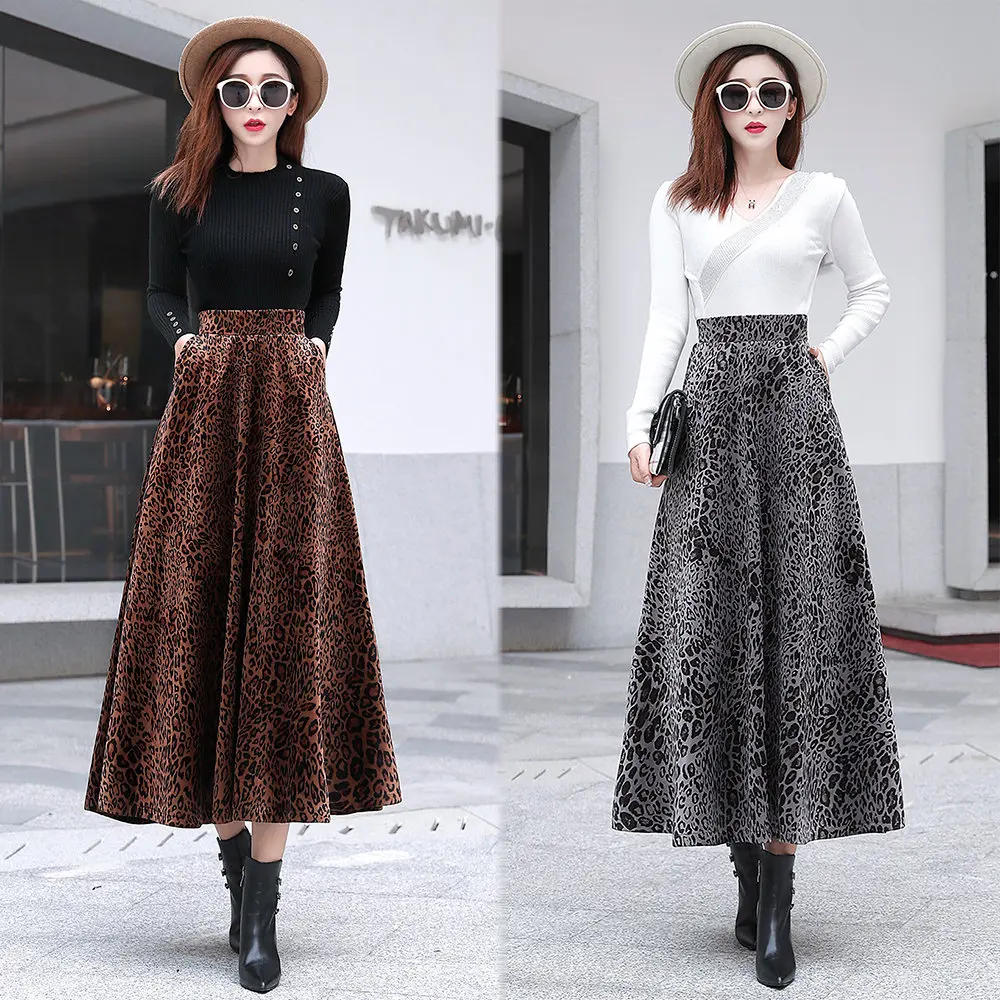

Fashion High Waist Pocket Leopard Skirt Women Lined Comfortable Velvet Thickened Skirt High Waist Leopard Skirt Woman Gray Brown