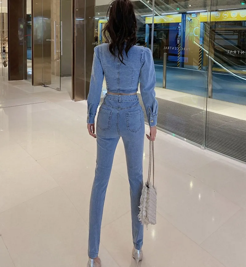 womens suit set 2021 spring autumn women's fashion long sleeve  Denim  tops +pants suits female vintage denim two piece sets matching workout sets