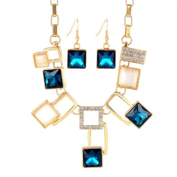 

New Gold Color Wedding Jewelry Sets For Women Dresses Dating Accessories Blue Black White Glass Crystal Necklace Earrings Sets