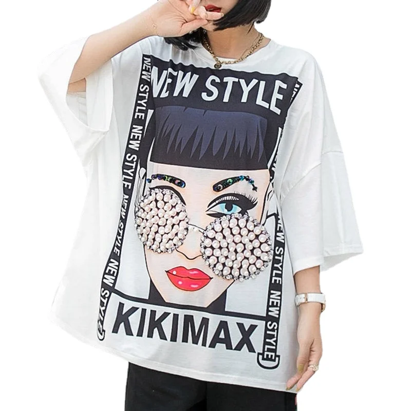 XXL Cute Graphic Tees Women Plus Size Beading Sunglass Oversize Tops