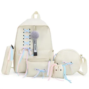 

5 Sets/Pcs Canvas Woman Backpack Women Ribbons School Backpacks Schoolbag For Teenagers Girls Student Book Bag Female Satchel