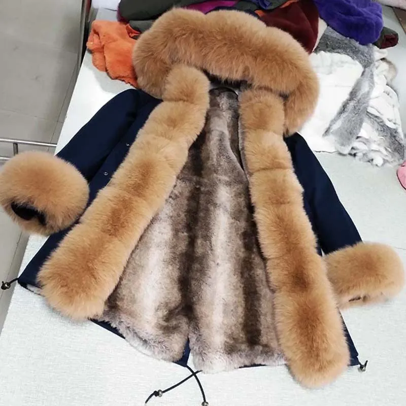 

parka with fox fur big large fox fur collar and liner rabbit fur thick warm fashion new Detachable Casual style natural fur coat