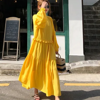 

TVVOVVIN Solid Color Round Neck Lantern Sleeves Wooden Ear Loose Woman Dress Casual Personality Fashion 2019 Autumn New B605