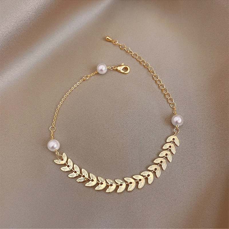 Stainless Steel Gold Leaves Pearl Bracelets For Women Vintage Gift Fashion Jewelry Fashion Bracelet