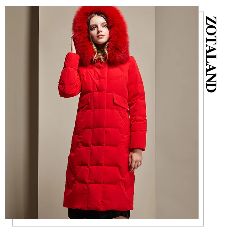 autumn and winter new solid color long-sleeved hooded down jacket fox fur collar loose casual long down jacket women