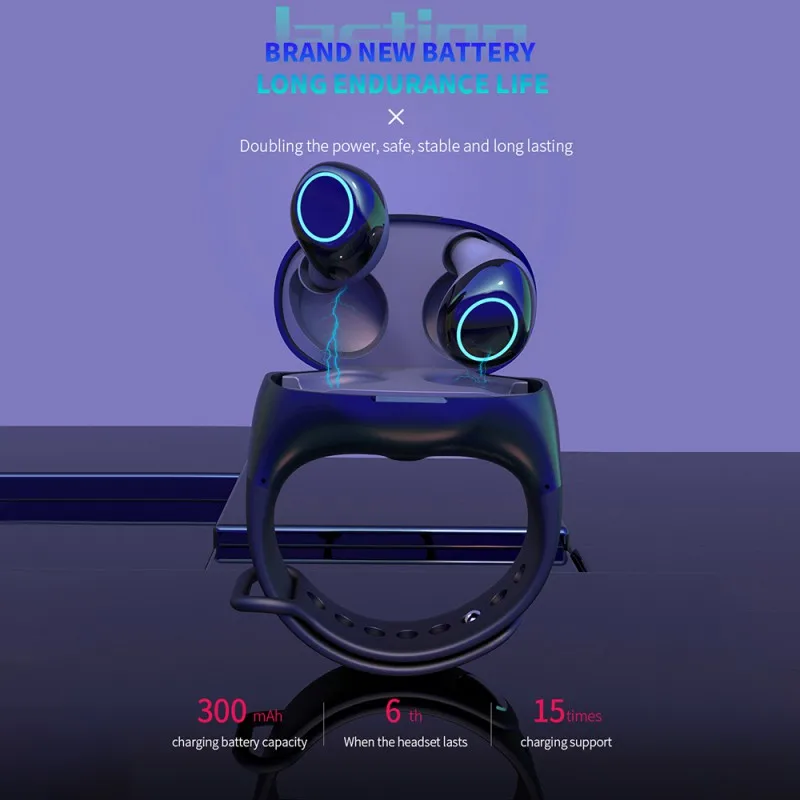 

New Watch Design TWS Bluetooth 5.0 Earbuds Wireless Sports Portable Wristband Earphone Charging Case