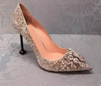 

Women Silver Crystal Embellished Glitter Wedding Shoes Elegant Pointed Toe Bling Bling Shallow Pumps 8cm Heel Shoes
