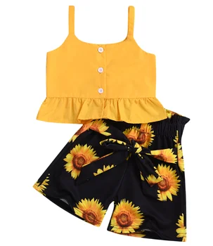 

New Toddler Baby Kid Sets Girl Sleeveless Button Ruffles Clothes Crop Tops Sunflower Fashion Shorts Pants Outfit