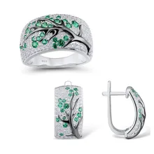 Promise-Conjunto de joyería para mujer, flor brillante, rama de cereza, verde, CZ, conjunto de anillo y pendientes de plata de ley 925, regalo de joyería
