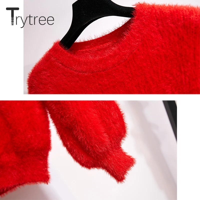 Trytree осенне-зимний комплект из двух предметов Повседневный Однотонный свитер с круглым вырезом топ+ юбка на молнии Модный комплект для офисной Леди комплект из 2 предметов