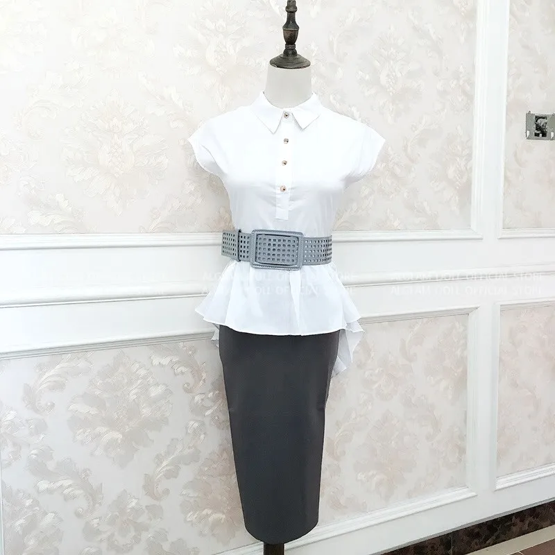 2019 Summer Slim Swallowtail White Blouse Bodycon Midi Skirt Two Piece Office Cloth Belt Peplum Work Suit Dress