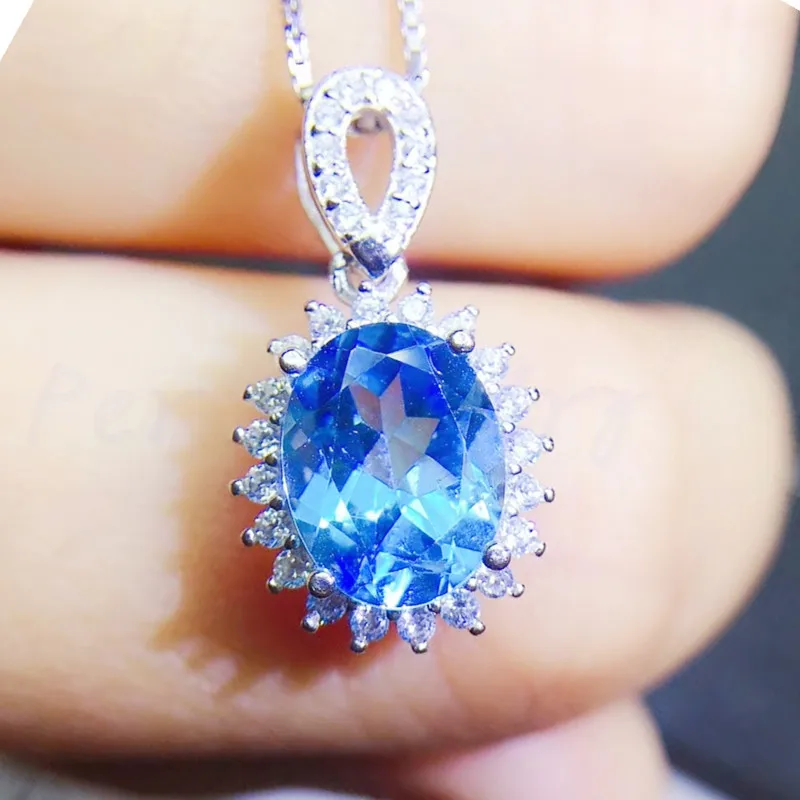 Натуральное Настоящее ожерелье из голубого топаза подвеска 3.5ct драгоценный камень Серебро 925 пробы для мужчин и женщин Q910248