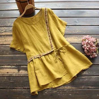 

new summer embroidery cotton linen shirt tops short sleeve loose casual female tops