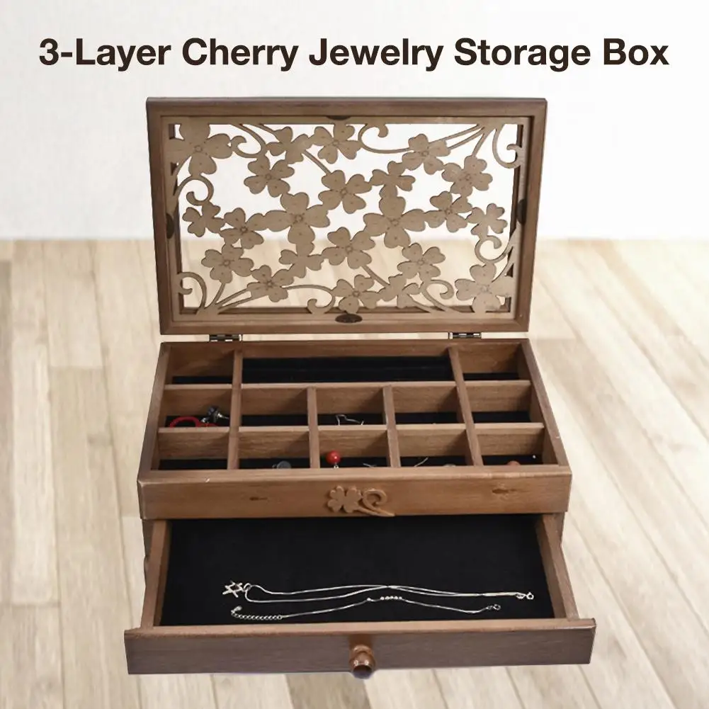 New 3-Layer Cherry Jewelry Storage Box Wooden Jewelry Bag Organizer Case With 3 Drawers Dark Brown For Earrings Necklace Hairpin