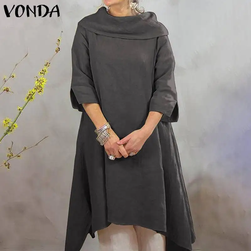 VONDA/осеннее повседневное свободное платье макси, женское хлопковое длинное платье, однотонные вечерние платья с коротким рукавом размера плюс, женское платье, S-5XL
