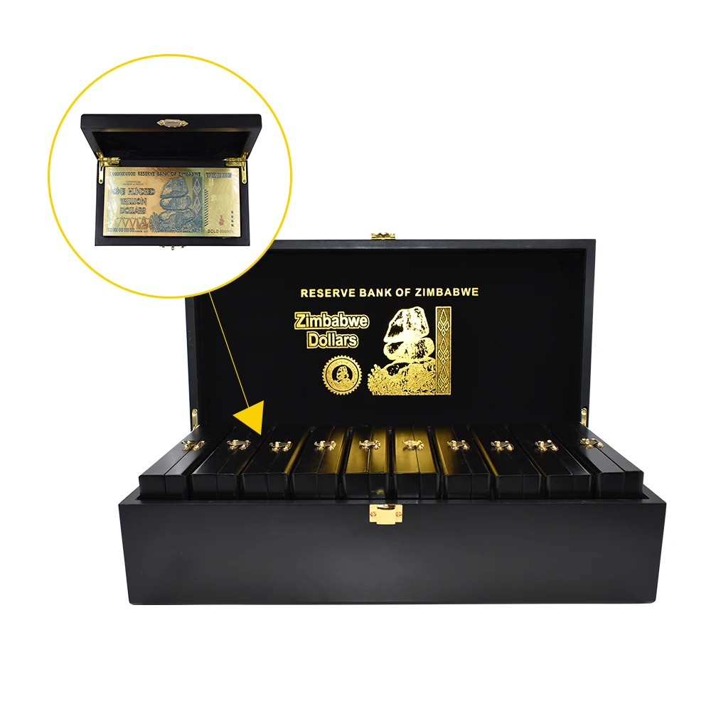 

Zimbabwe Gold Banknotes 100 Trillion Dollars 24k Gold Plated Fake Money Bills Note with Wooden Box for Christmas Present